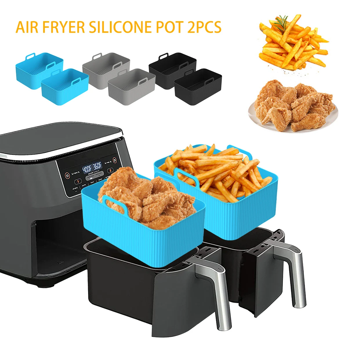 Air Fryer Silicone Pot Liner - 2 個エアフライヤーシリコンライナー忍者デュアルエアフライヤーアクセサリー再利用可能なベーキングパンバスケットオーブンポットライナーキッチンアクセサリー