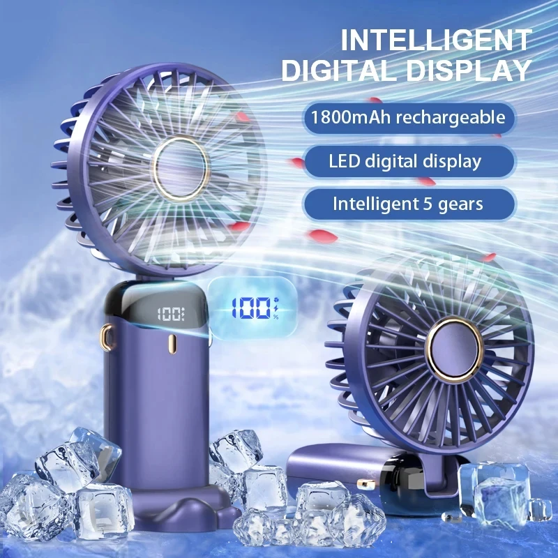Small Appliances - ミニハンドヘルドファン折りたたみ式首掛けファン5段階風量USB充電式ポータブルクールファンLEDデジタルディスプレイ付き低騒音夏用