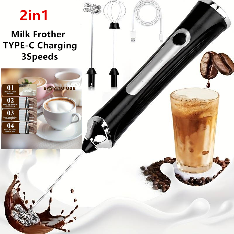 Electric Milk Frother Handheld - ワイヤレス電動ミルク泡立て器と卵ビーター、タイプC 3段階速度調整ミニハンドヘルドコーヒー泡立て器、泡立て器、調理ツール