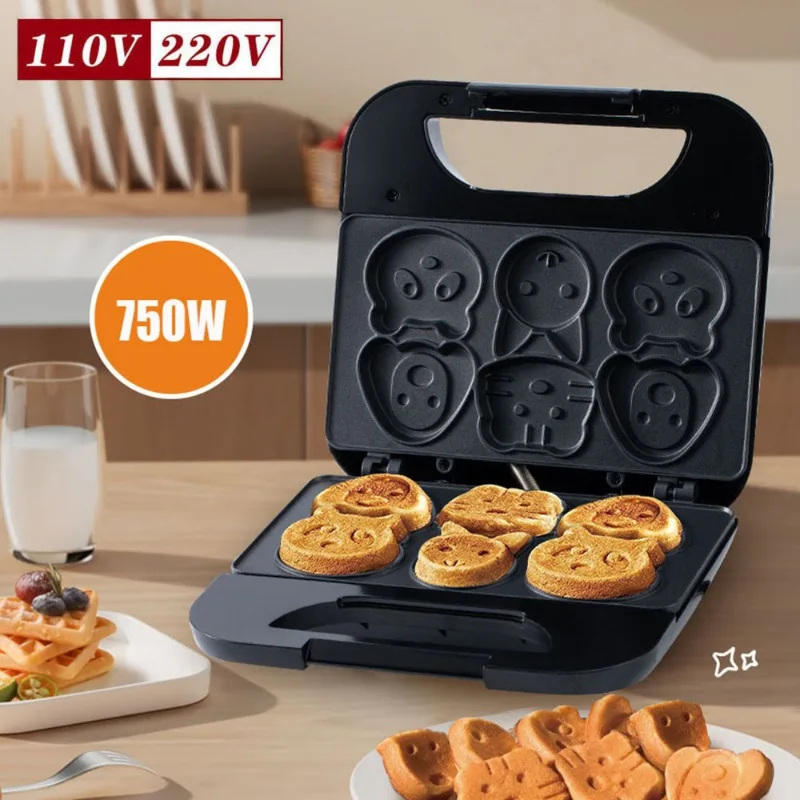 Mini Waffle Maker Machine - 家庭用漫画風ビスケットマシン US 110V ドーナツマシン ブラック 7穴丸型ケーキマシン